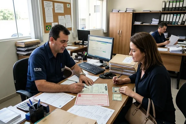 Despachante ajudando um cliente com documentação de licenciamento.