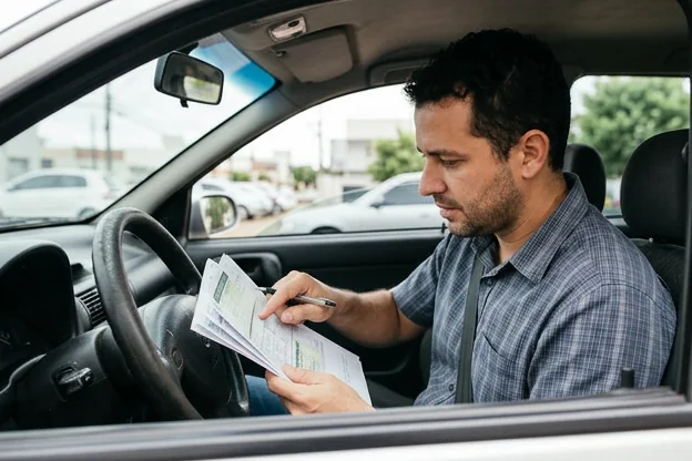 Motorista verificando a documentação do veículo.